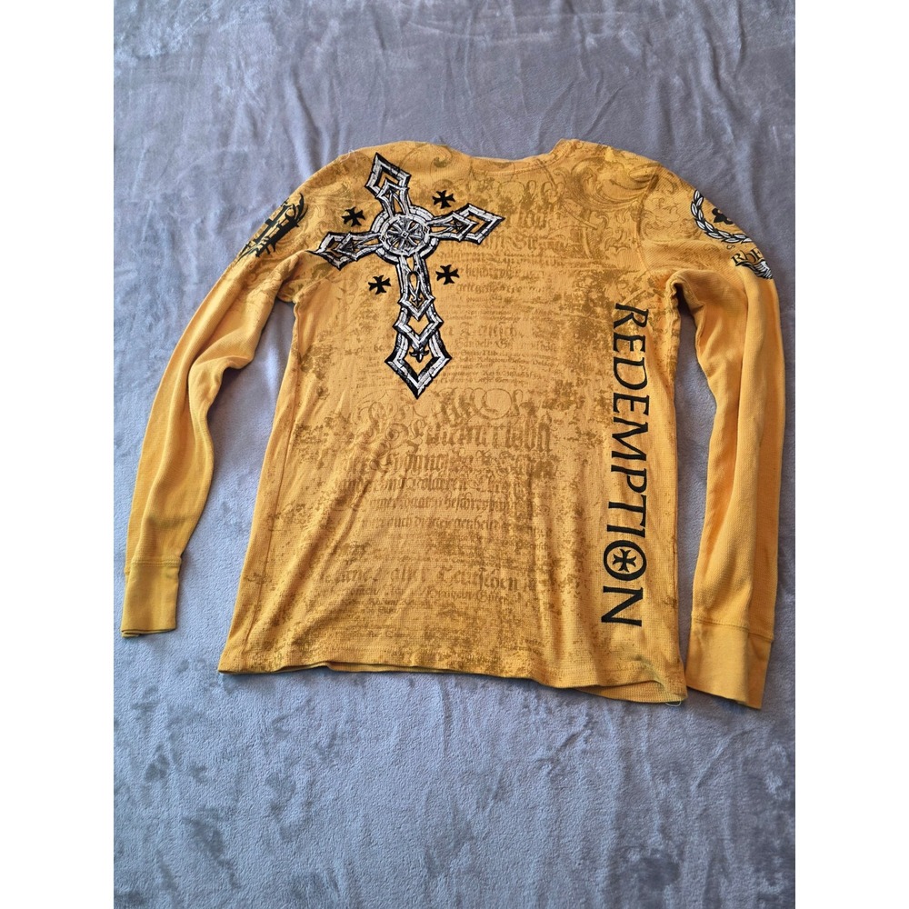 Raw State Thermal Shirt Mens Large Yellow Y2K Redemption Cross Wings Graphic